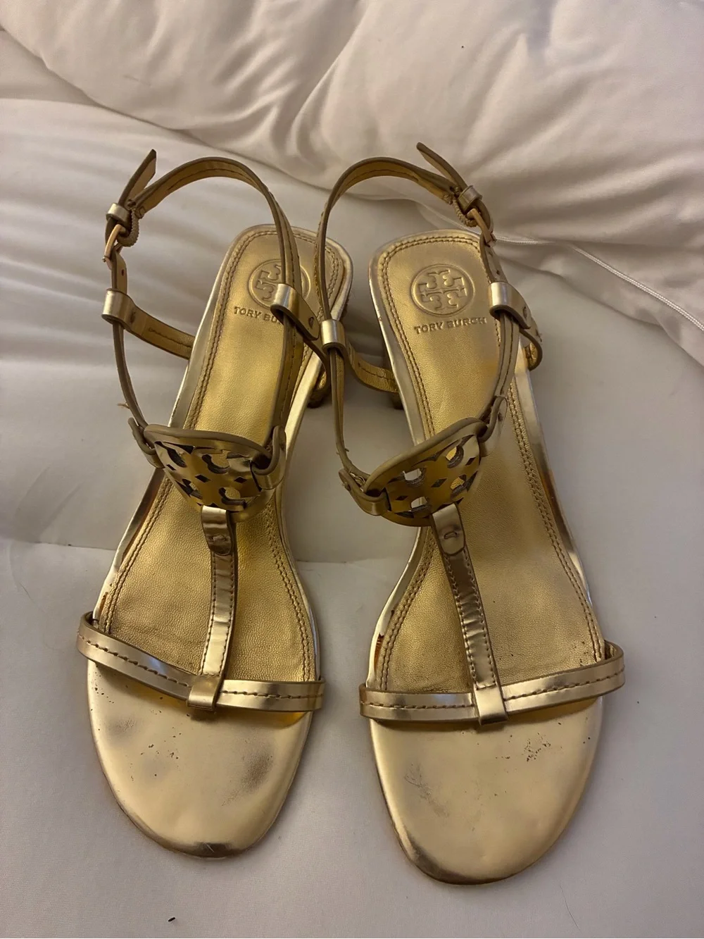 Tory Burch Metallic Gold Woven Block Wedge Sandals